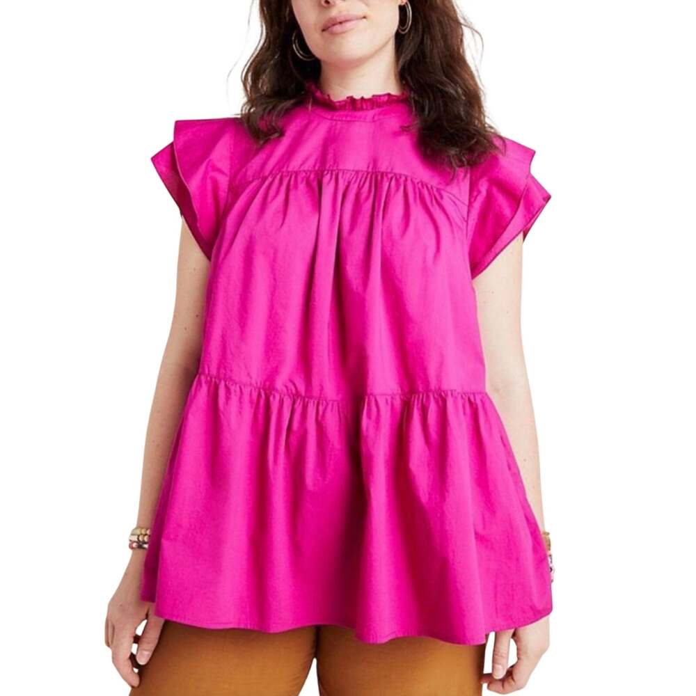 ANTHRO Maeve fuschia/pink poplin flutter sleeve top, faux tiered tunic, Size S